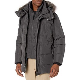 Andrew Marc Men's Mid Length Down Jacket, CAPPUCINO (GATTICA), Large