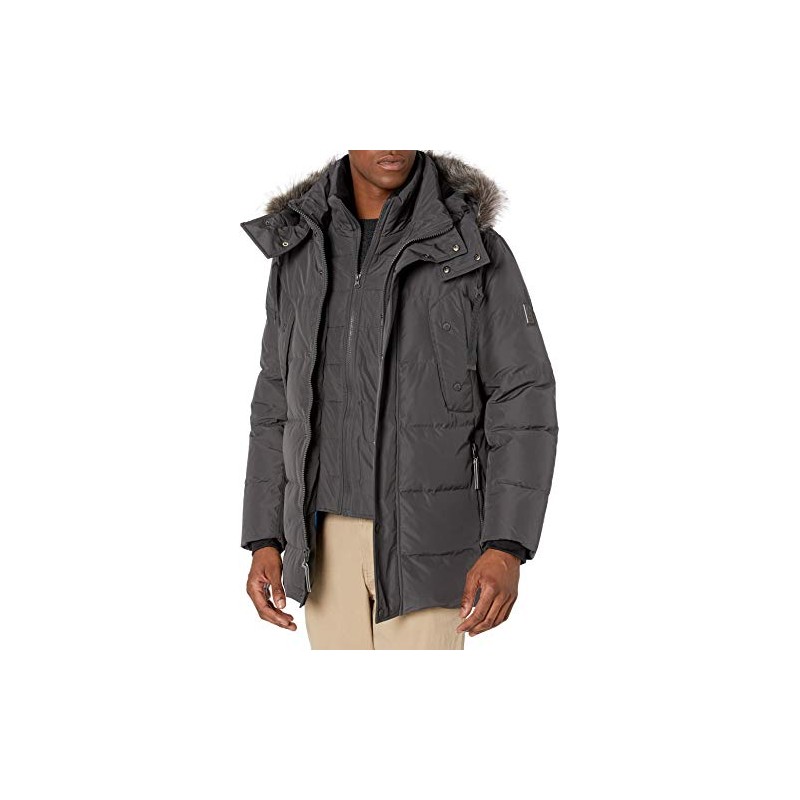 Andrew Marc Men's Mid Length Down Jacket, CAPPUCINO (GATTICA), Large