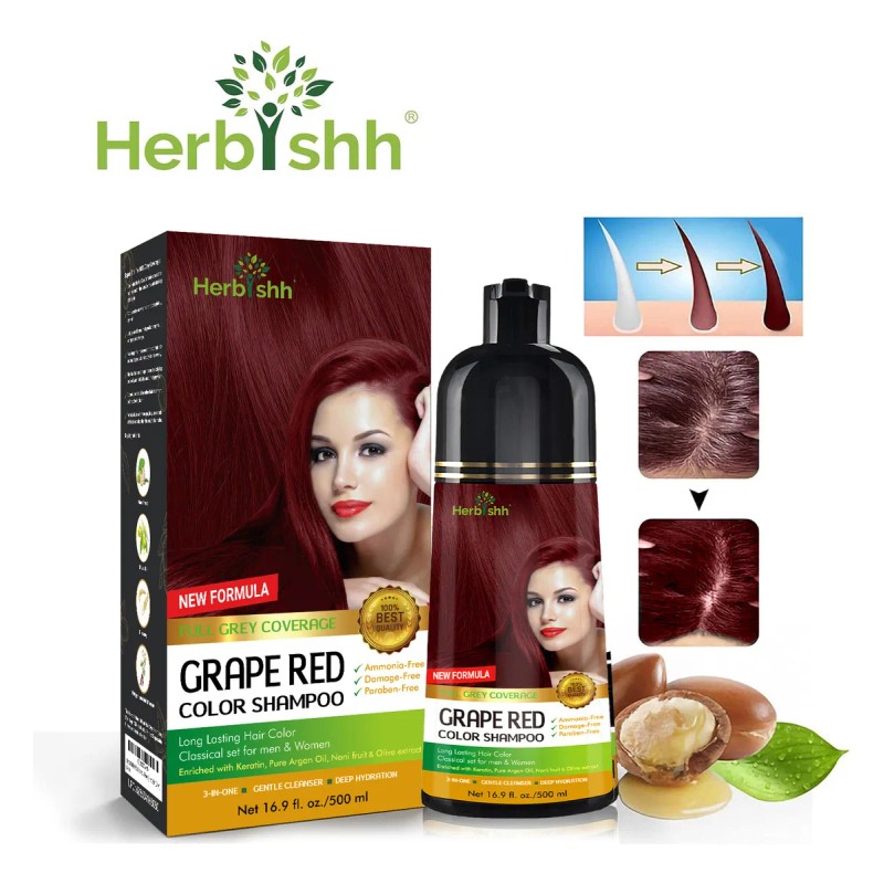 Shampoo Tinte Cubre Canas Rojo Uva Herbishh 500ml