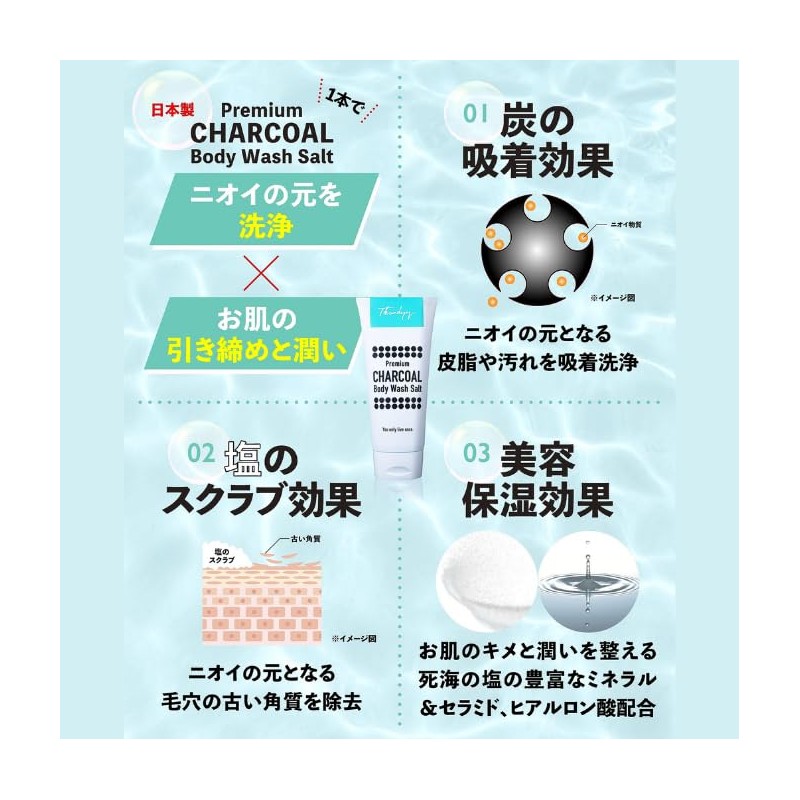 Thundyy Body Scrub, Charcoal and Salt W Power, Cleaning, Exfoliating,