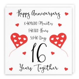 Hunts England - Large 16th Wedding Anniversary Card - 16 Years Together - Happy Anniversary - Timeless Collection - Large - 210 x 210 mm - For Him, Her, Couples