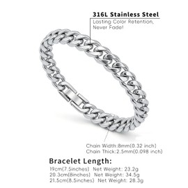 MaicuQ Stainless Steel Mens Cuban Link Chain, Miami Cuban Chain Bracelets for Men, 8mm Wide 7.5 8 8.5Inch Hip Hop Mens Bracelets,Gift for Father Husband Son men chain