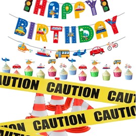 SKIRUP Car Theme Birthday Party Supplies Set, Traffic Banner, Cardboard Vehicles, Traffic Cones Balloons, Cupcake Toppers for Birthday Party Decor