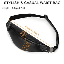 Genuine Leather Slim Waist Pack for Man & Woman, Vintage Design & 4 Zipper Pockets & Adjustable Strap, Large Capacity Fanny Pack Crossbody Belt Bag for Travel or Ride, 1033 Black