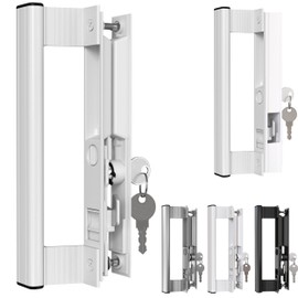 T-HAKEN Sliding Glass Door Handle Set with Lock – Aluminum Handle, Fits 6-5/8 in. Hole Spacing (White)