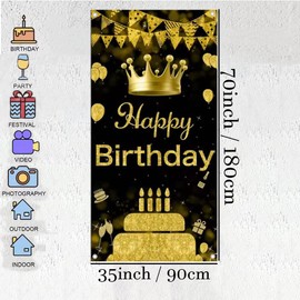 Birthday Party Decorative Door Cover, Large Black & Gold Happy Birthday Door Banner Sign, Photo Booth Backdrop Background Banner for 10 20 30 40 50 60 Birthday Party Favor and Supplies