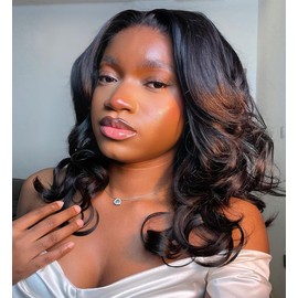 Tinashe Human Hair Wig Glueless Face-Framing Curtain Bangs Loose Body Wave 6×5 HD Lace Front Bob Natural Black Wigs Human Hair Pre Cut Bleached Knots Wigs for Black Women Haircuts 16 Inches