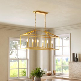 Tribesigns Farmhouse Dining Room Light Fixtures Over Table, 6-Light Candle Holder Kitchen Island Pendant Lighting, Industrial Linear Chandelier Pendant Lights with Adjustable Iron Chain, Gold