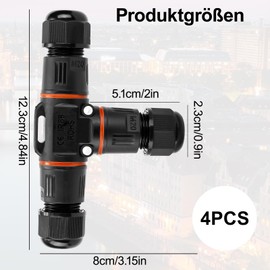 Mucek Pack of 4 Cable Connectors Waterproof IP68.3-Pin Earth Cable Connection Sleeve Distribution Box 3-Way Cable Waterproof Connection for Diameter 3-12 mm Cable Diameter T-Shape Junction Box Outdoor