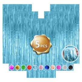 Tinsel Foil Fringe 5 Pack Tinsel Backdrop Glitter Curtains Wedding 3.28ft X 6.56ft Metallic Tinsel for Wedding Birthday Engagement Bridal Shower Bachelorette Holiday Celebration（Light Blue）