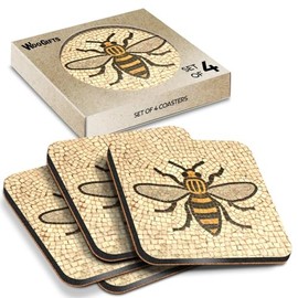 4 x Square Coasters - Manchester Bee Mosaic Pattern Cork Backed MDF Glossy Tea Coffee Accessory #51408