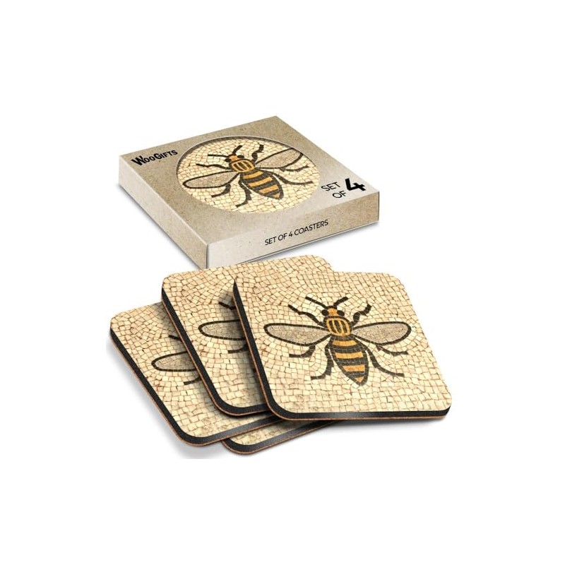 4 x Square Coasters - Manchester Bee Mosaic Pattern Cork