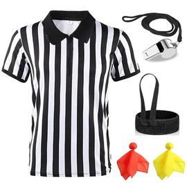 RRMMNIU Mens Professional Soccer Referee Uniform with Accessories Kit - Unisex Black & White Striped Design with Whistle, Flags, Adjustable Elastic Wristband (Red/Yellow Cards) (X-Large)