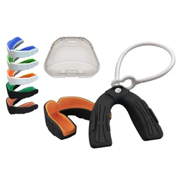 (Adult -Ages 11 & Above, Pumpkin Orang & Black) - Coollo Sports Boil and Bite Mouth Guard with Tether DBT Custom Fit Sport Mouthpiece for Football, Hockey, Rugby, Lacrosse and More (Free Case+ Strap) -Adult Size