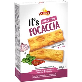 La Mole Basil, Dried Tomato & Onion Focaccia, Oven Baked Bread Slices. Best Served with Meats, Soft Cheeses & Olives or Partnered with Dips and Soups, 100g Bag