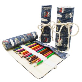 Maydahui 24/48/72 Slots Colored Pencil Wraps Canvas Pencils Roll Holder Pencil Pouch Aesthetic Case Organizer Bag for Art Lovers Artist Drawing (Owl,48 Slots)