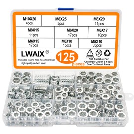 Screw Nut M5 M6 M8 M10 Threaded Insert Wood Threaded Bushing Ramp Sleeve Hex Nuts Assortment Made of Galvanised Steel for Wooden Furniture Pack of 125