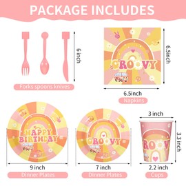 Two Groovy Birthday Party Decorations, 168 Pcs Groovy Boho Hippie Daisy Tablecloth Tableware Set 24 Guests Dinner Plates Dessert Plates Cups and Napkins for Girl Retro Rainbow Boho Party Supplies