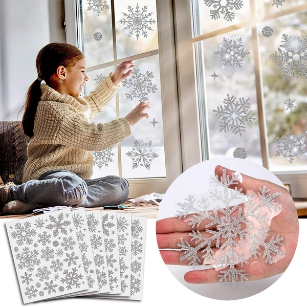 190 Pcs Christmas Window Clings Glitter Snowflake Window Decals for