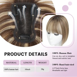 Hair Toppers for Women Human Hair with Bangs Hand-stitched 360°3D Coverage Natural for Thinning HairPieces for Women with Thinning Hair Swiss Base Medium Brown Mix Blonde with Dark Brown Root（4T427）