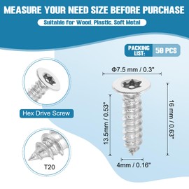 PATIKIL 50 Pcs Flat Head Torx/Star Screws, M4 x 16mm Torx Drive Self Tapping Wood Screws Stainless Steel Countersunk Tamper Proof Screw with T20 Bit for Wood Soft Metal