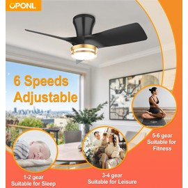 OPONL 30" Black low profile Ceiling Fan with Light, with Gold Trim Ring, RLarge Air Volume, flush mount ceiling fan for Bedroom Kitchen Dining room Patio