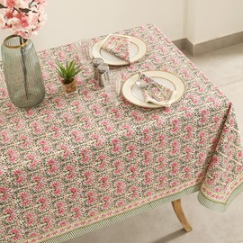 Labhanshi Indian Block Print Table Cloth-Floral Handmade Cotton Rectangle Tablecloth 72x108 Inch|Easter Spring Festive Valentine Day Decor| 8-Seater St.Patrick Decorative Table Cover|Pink Green