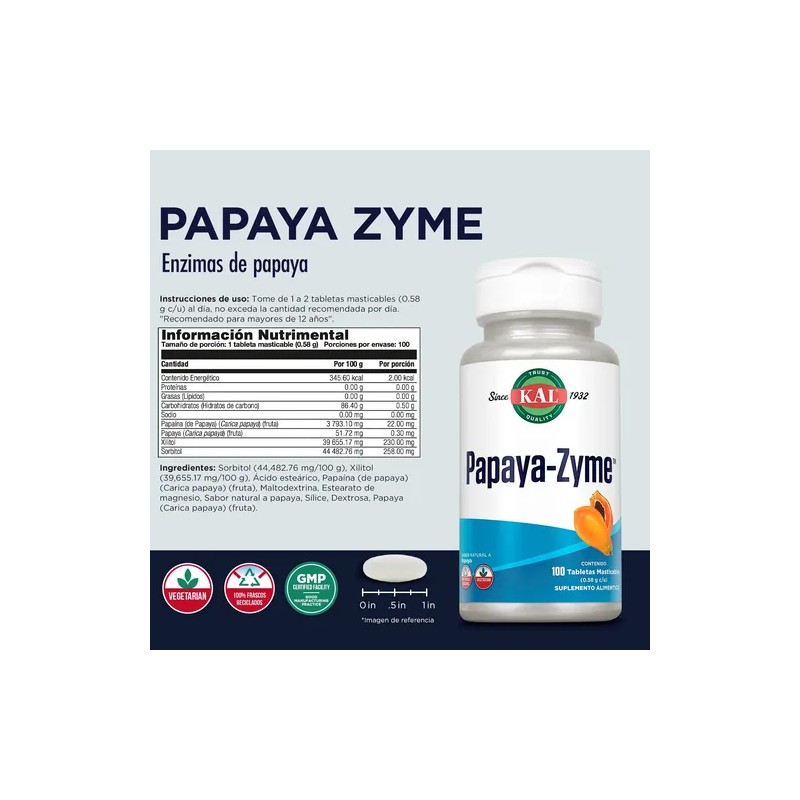 Kal Papaya-zyme Enzimas Digestivas 100tabletas
