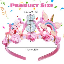 5th Birthday Decorations for Girl 5th Birthday Headband Flower Birthday Crown for Girls Glitter Pink Hair Band for Party Cute 5-Year-Old Princess Tiara Birthday Party Decorations Hair Accessory Gift