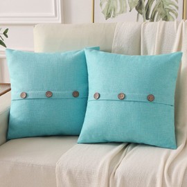 HAUSSY Turquoise Linen Decorative Throw Pillow Covers 20x20 Inch Set of 2,Square Cushion Case with 3 Vintage Buttons,Modern Farmhouse Home Decor for Couch,Bed