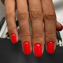 ANDGING Red Press on Nails Short Square Solid Color Fake Nails with Design Glue on Nails for Women Acrylic False Nails Coffin Stick on Nails Full Cover Manicure Art Press on Nail for Wedding B8