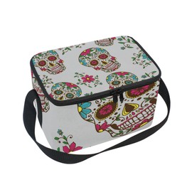 MASSIKOA Sugar Skull Flower Insulated Lunch Bag Lunch Box Cooler Tote Bag for Men Women Kids
