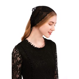 PAMOR Rose Lace Headband Kerchief Tie-style Floral Headwrap Latin Mass Head Covering Church Veil with Bobby Pins (Black)