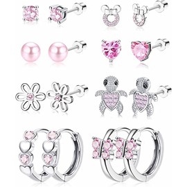 LOLIAS 10 Pairs Cute Screwed Stud Earrings for Women Girls Stainless Steel Multicoloured Heart Flower Butterfly Rainbow CZ Stud Earrings Hypoallergenic Screw Back Earrings, Copper