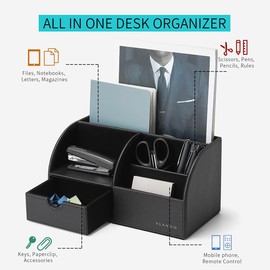 Vlando Office Desk Organizer Leather Desktop Organizer Caddy with Drawer for Storing Desktop Supplies and Accessories (Black Set)