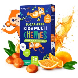 OmegaVia Sugar Free Kids Multivitamin Chewies - Daily Chewable Gummy Vitamins for Kids 3+, Vitamin A, C, D3, E, B6 & B12, Folate & More, Natural Orange Flavor, 30 Count