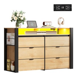WLIVE 6 Drawer Dresser with Led Light, 50.79'' Wood Dresser for Bedroom with Power Outlets for 55'' TV, Modern Chest of Drawers for Closet, Hanging Rack, Double Wide Drawer for Living Room, Light Oak