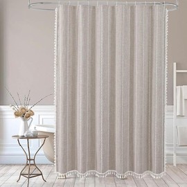 Boho Farmhouse Fabric Shower Curtain, Tan Brown Modern Cotton Linen Shower Curtains for Vintage Country Bathroom Decor, Tassel Weighted & Thick Waterproof Cloth, Taupe, 72 X 72