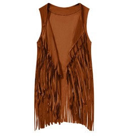 IWALUE 60s 70s Outfits Hippie Costume Set Kid Girls Fringe Tassel Vest with Earring Headband Glasses（Brown,10-12 Years）