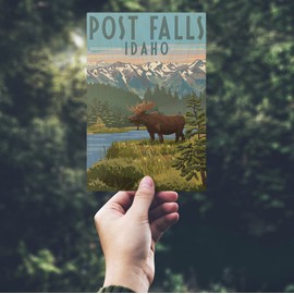 Post Falls, Idaho, Painterly, Moose, Summer Scene (4x6 Birch Wood Postcards, 2-Pack Stationary, Rustic Home Wall Decor)