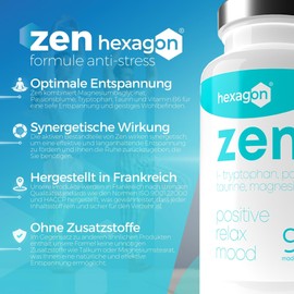 ZEN Anti-Stress Magnesium Bisglycinate, Passion Flower, L-Tryptophan, Taurine, Vitamin B6 - Natural Anxiolytic - +1 Month Treatment - 90 Vegetable Capsules Hexagon