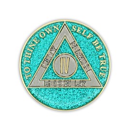 4 Year Sobriety Coin | Glitter Triplate AA Chip Recovery Anniversary Token (Aqua)