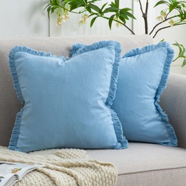 Mayler Yee Set of 2 Fringe Throw Pillow Covers with Tassel Trim for Farmhouse Living Room,Soft Cotton & Cozy Linen, Boho Sytle Decorative Home (Baby Blue, 20x20 Inch)