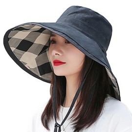 White Fang CZ917 Women's Hat, Foldable, Large Brim, Plaid Pattern, UV Protection, Sun Hat, Summer, Black, Free size