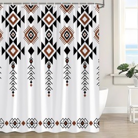 LAEDCIITI Western Aztec Boho Shower Curtain Abstract Geometric Stripes Tribal Ethnic Southwestern Vintage Retro Native American Navajo Neutral Classic White Fabric Bathroom Curtain with Hook