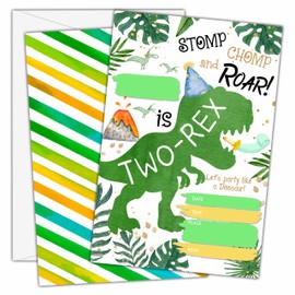 Dinosaur 2nd Birthday Invitations with Envelopes(25-Count) - Dino Fill-in Party Invite Cards for Boys Girls Kids Party Supplies Decorations - B02