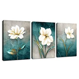 Flower Canvas Wall Art Bedroom Wall Decor White Blossom Blue Abstract Large Canvas Picture Modern Artwork Bathroom Living Room Office Home Decoration Framed Ready to Hang 16" x 24" x 3 Pieces