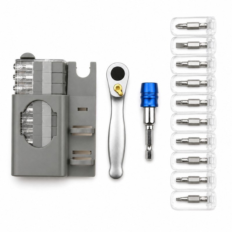 Mini Ratchet Screwdriver Bit Set with Reversible Handle, Magnetic Extension