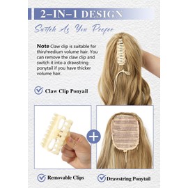 Earfodo Ponytail Extension, 24" Long Curly Wavy Claw Clip in Ponytail Hair Extensions, Jaw Clip on Pony Tails Fluffy Hairpiece for Women Daily Party Use