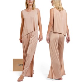 REST Evercool® Women's Cooling Pajama Pants Set - Breathable Sleepwear for Hot Sleepers, Moisture-Wicking, Quick-Dry, Soft Silky Lounge Set with Wide-Leg Pants, Champagne Gold, Small
